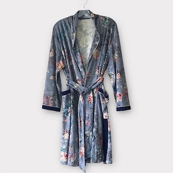 ZARA Floral Jacquard Kimono Robe Kaftan Gray Belted Boho Luxe Lounge Size Small